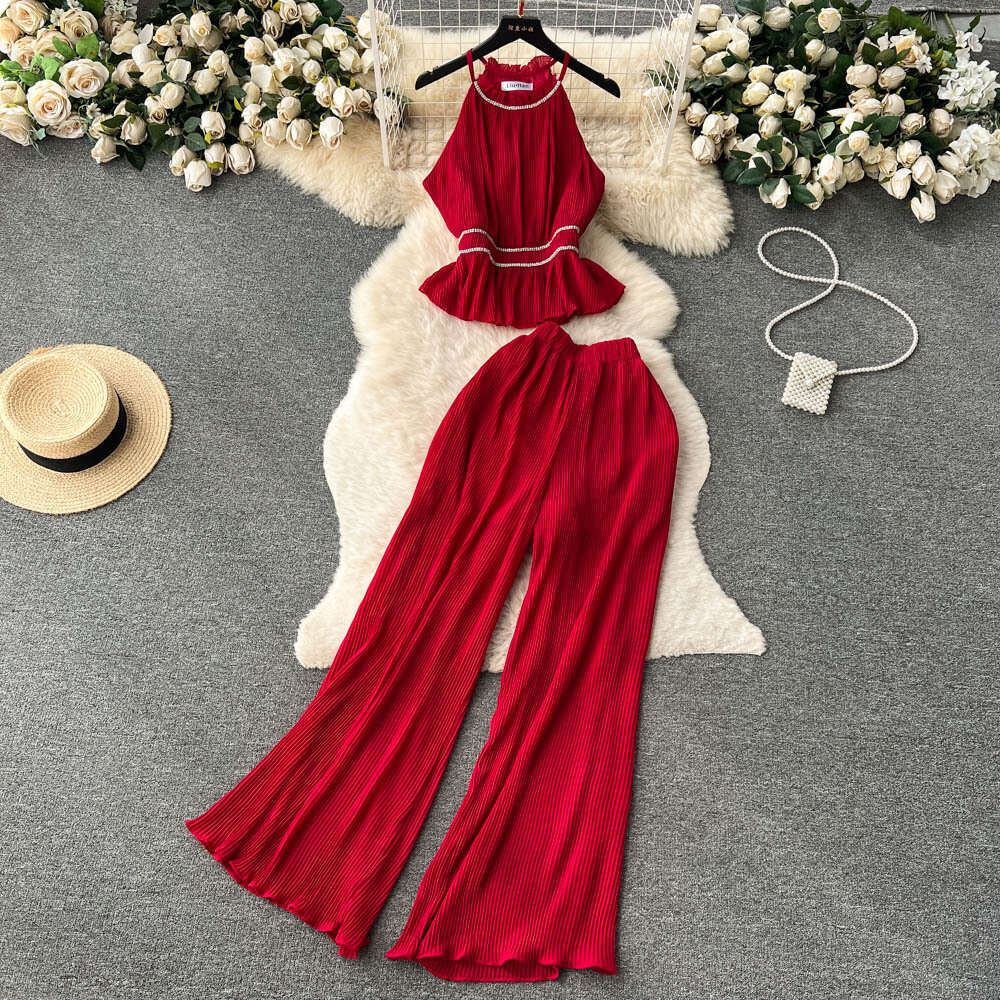Light Luxury and Socialite Style Fashion Set, Womens Pleated Diamond Hanging Neck Vest+casual High Waisted Wide Leg Long Pants Novelty Pregnant Womens