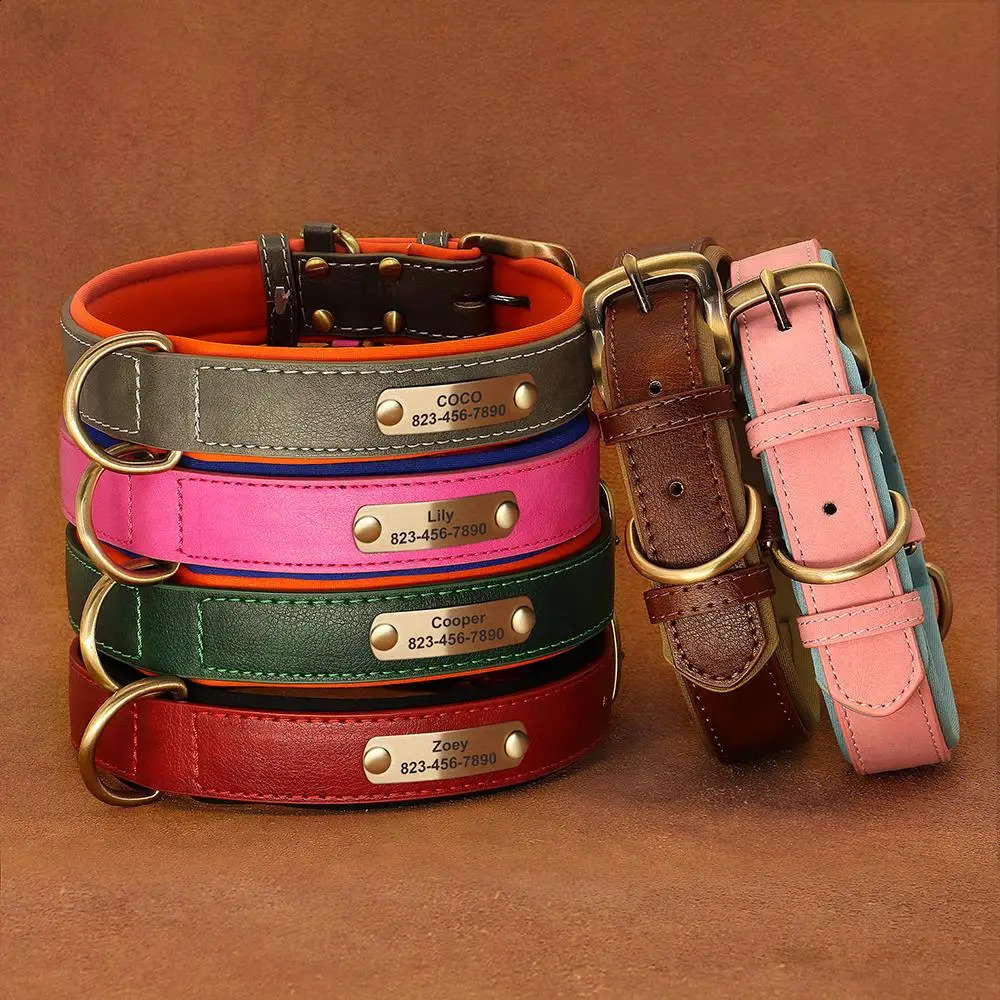 Personalized Dog Collar Custom PU Leather Collars Free Engraved Nameplate Tags For Small Medium Large Dogs Pitbull Labrador 240722