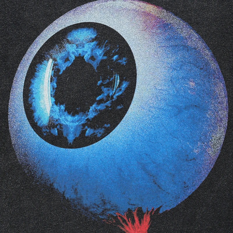 Hip Hop 2024 Retro Washed Black T-Shirt Streetwear Big Eyeball Graphic T Shirt Cotton Unisex Tshirt Men Tops Tees Y2K 240724