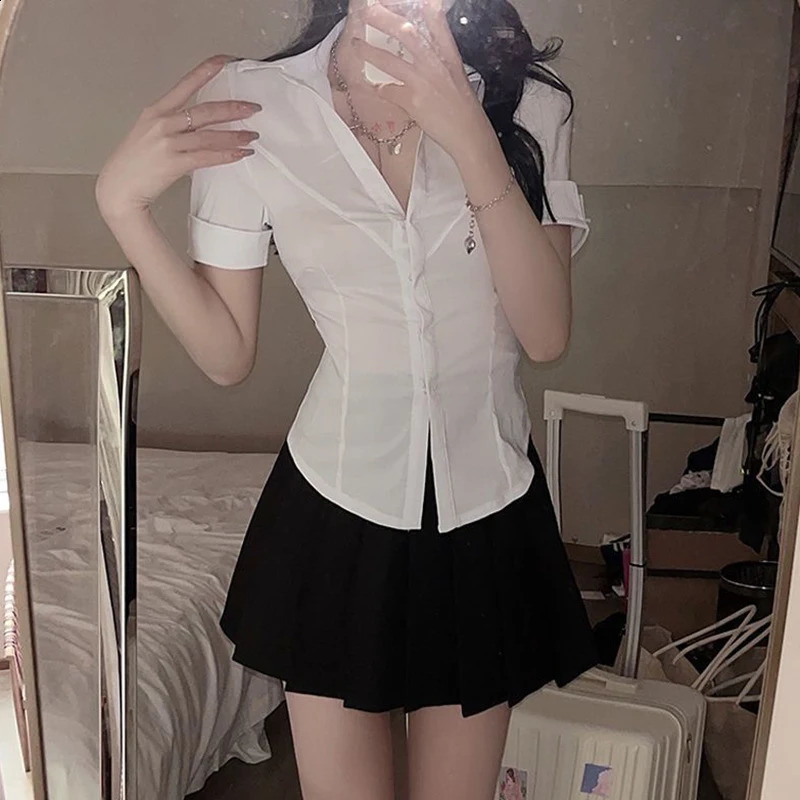 Xpqbb White Shirts for Women Korean Style Slim Fit Short Sleeve Cropped Blouse Ladies Preppy Student Turndown Collar Shirt 240723