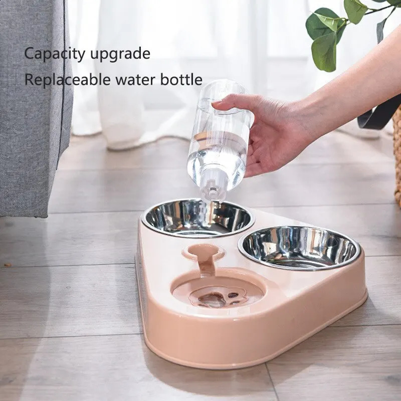 Dog And Cat Self-service Feeder Anti-knock Double Bowl Water Bottle Pet Supplies Stainless Steel Feeder Cat Drinking Fountain 240723