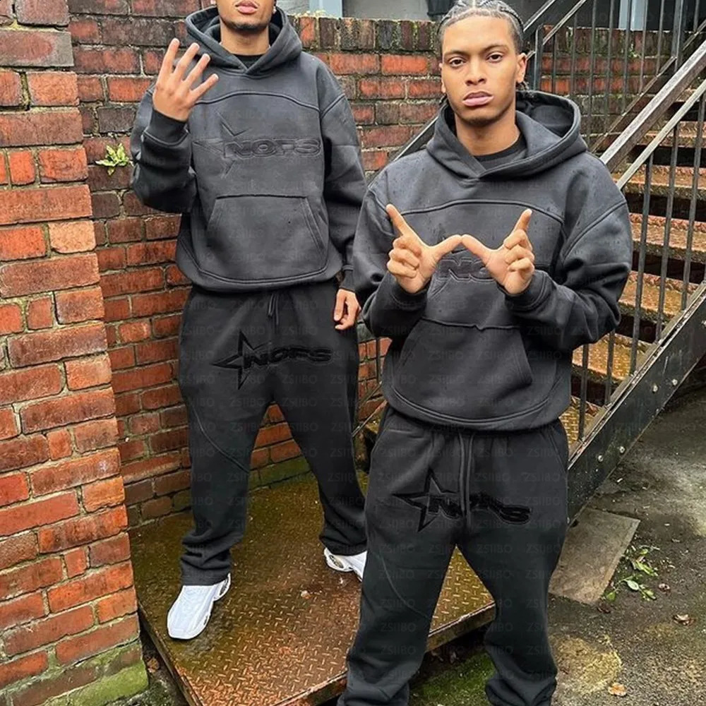 Harajuku hoodie Men Y2k Hip hop letter graphic printed hooded sweatshirt Punk rock oversized jumper loose sweatpants suit 240724