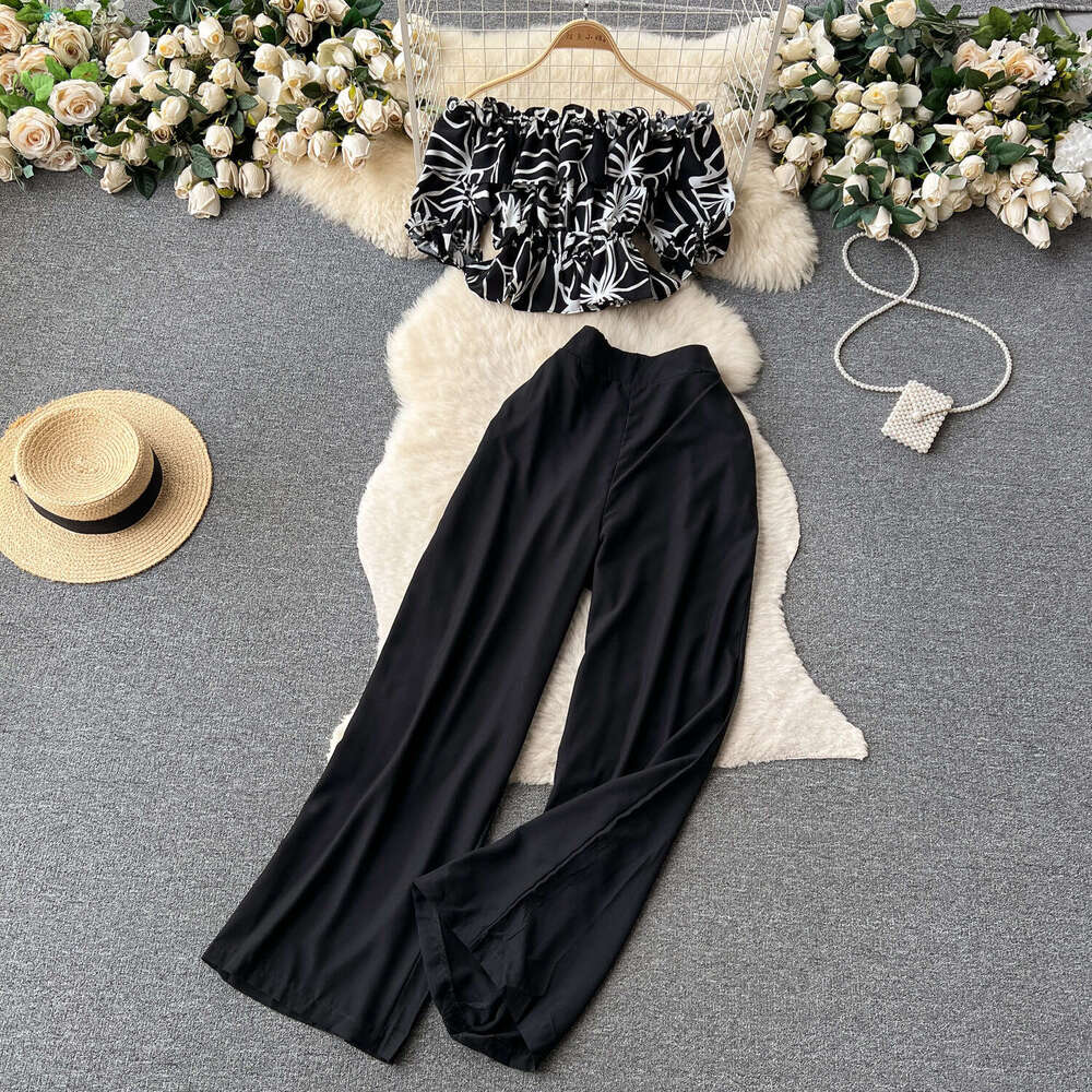 Korean Fashion French One Line Shoulder Lotus Leaf Edge Fragmented Flower Shirt Two Piece Set Womens High Waist Slim Wide Leg Long Pants Loose Round N