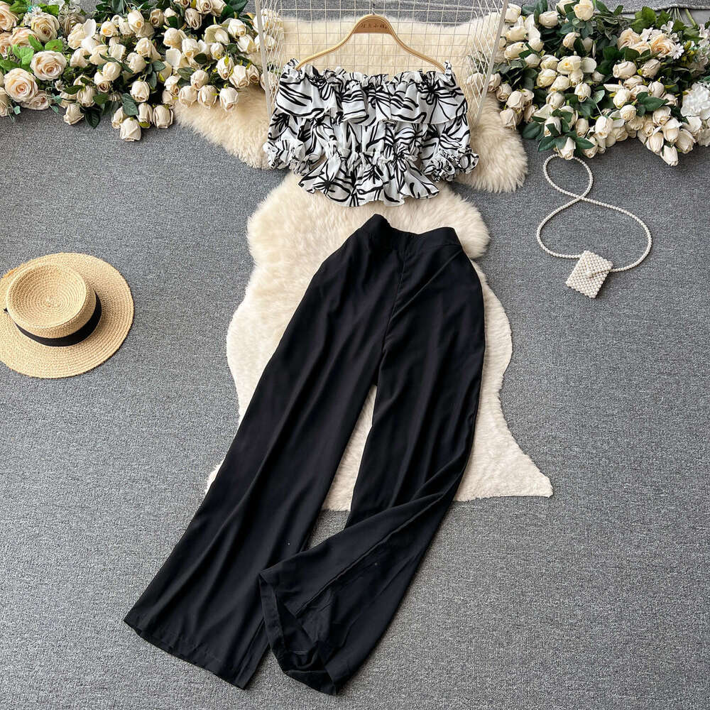 Korean Fashion French One Line Shoulder Lotus Leaf Edge Fragmented Flower Shirt Two Piece Set Womens High Waist Slim Wide Leg Long Pants Loose Round N
