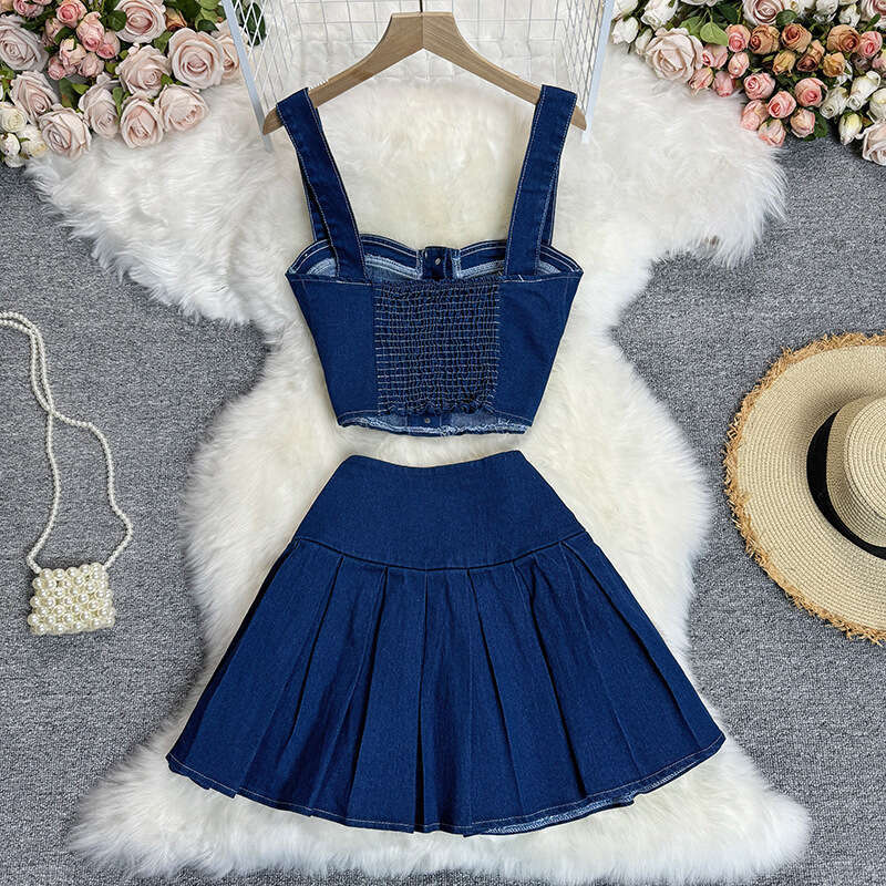 Chic Spicy Girl Style Short Camisole Vest Versatile Mini Skirt Denim Two-piece Set Trendy Bifurcated Novelty Sexy Short Temperament Silk Dress SKINNY 