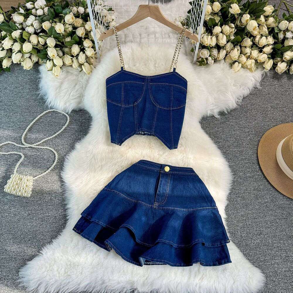 American Spicy Girl Set with Pure Desire Style Chain Hanging Strap Bra Denim Top+high Waist A-line Ruffle Edge Short Skirt Pregnant Womens Dress