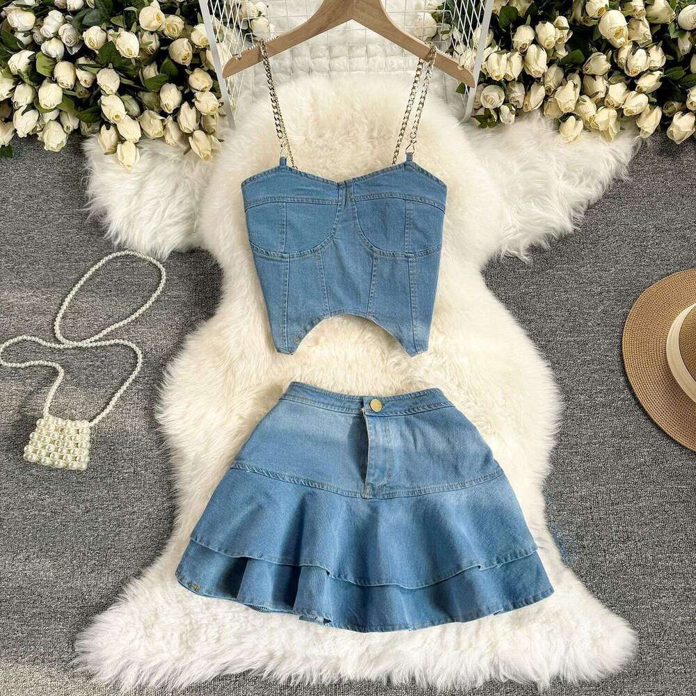 American Spicy Girl Set with Pure Desire Style Chain Hanging Strap Bra Denim Top+high Waist A-line Ruffle Edge Short Skirt Pregnant Womens Dress
