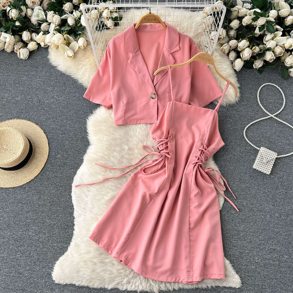This Years Trend is Beautiful Two-piece Sets for Womens Summer Short Suits, Jackets with Straps, Waist Cinching, and Suspenders. Dresses Are Trendy BO