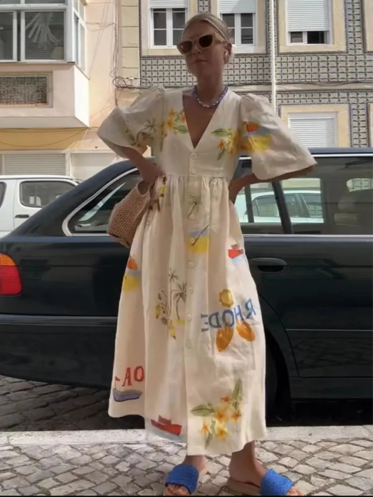 Fashion Print Cotton Linen Maxi Dress Women Casual Short Sleeves V-neck Loose Vestidos 2024 Female Chic High Streetwear 240723