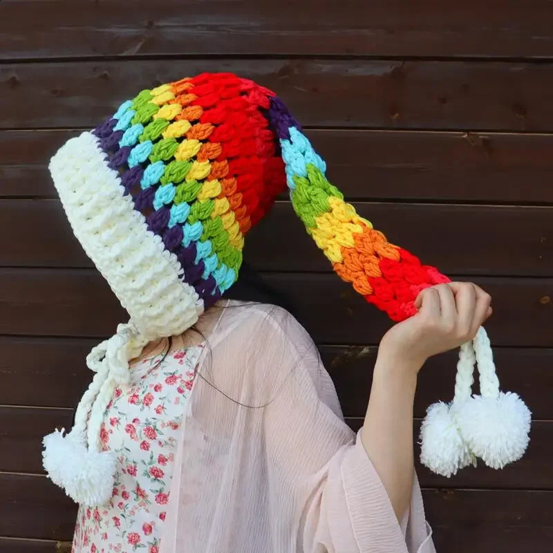 Womens Crochet Rainbow Long-tailed Hat Knitted Wool Rainbow Hat Parent-child Winter Long Braid Elf Hat 240719
