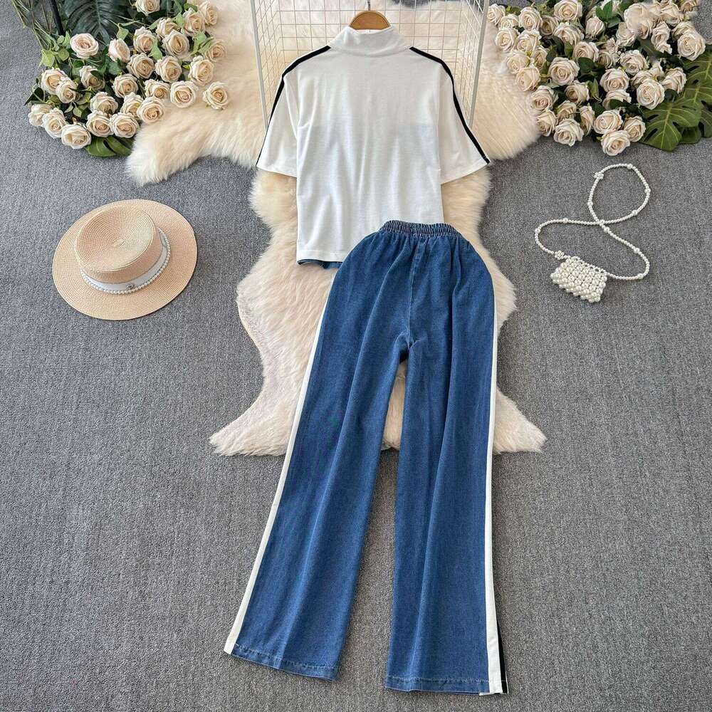 Leisure Denim for Women in Summer 2024, New Internet Celebrity, Age Reduction, Street Explosion, Fashionable and Stylish Sports Two-piece Set Silk Dre