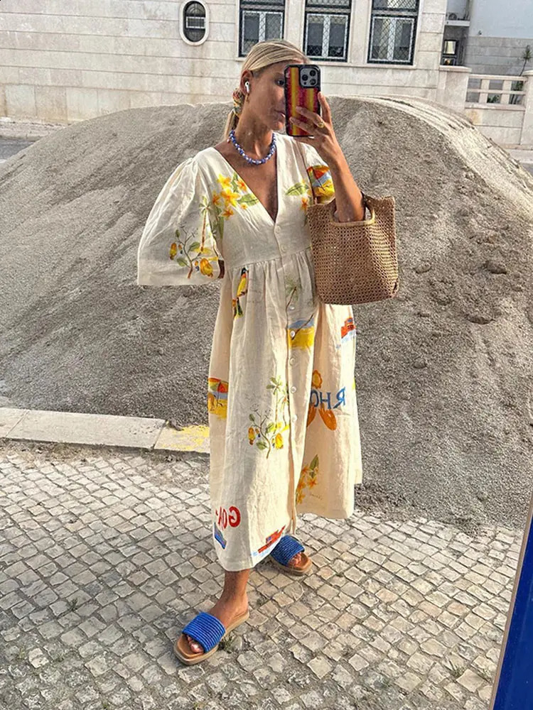 Fashion Print Cotton Linen Maxi Dress Women Casual Short Sleeves V-neck Loose Vestidos 2024 Female Chic High Streetwear 240723