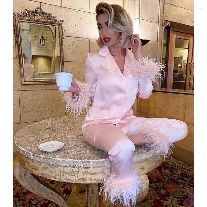 Women's Sleepwear QWEEK Satin Pajamas With Feathers Designer Clothes Women Luxury Summer Two Piece Loungewear Trouser Suits Pijama Sets