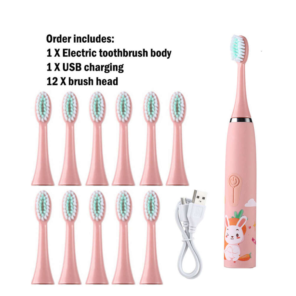 Sonic Children Electric Toothbrush With 12pcs Heads IPX7 Waterproof Ultrasonic Rechargeable Timer Soft Hair Cleaning Brush F618-17