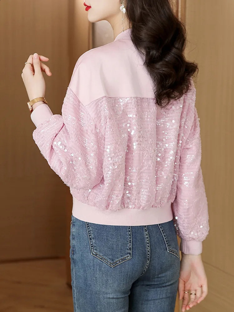 #5369 Black Pink Sequins Coat Women Slim Streetwear Baseball Jacket Batwing Sleeve Zipper Short Womens Jackets And Coats Spring 240812