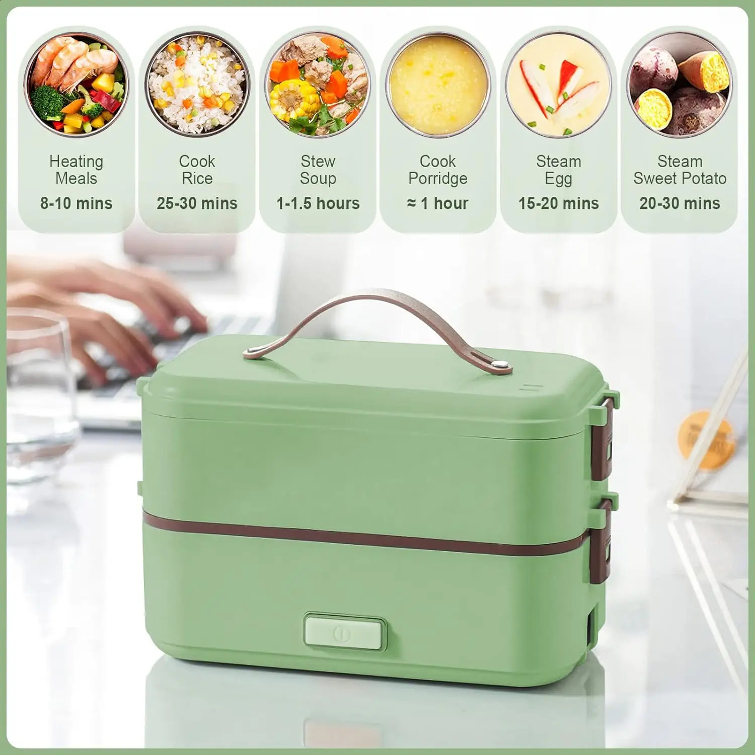 Self Cooking Electric Lunch Box Portable Food Warmer for OntheGoRice Cooker 2 Layers 800ML Heated Home Office 240716