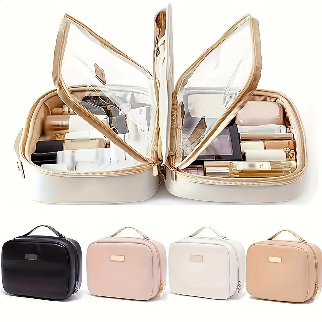 3 1pc Travel - PU Leather Double Layer Make Up Clear Bag With Zipper Large Makeup Bags For Women Cosmetic 240724 4