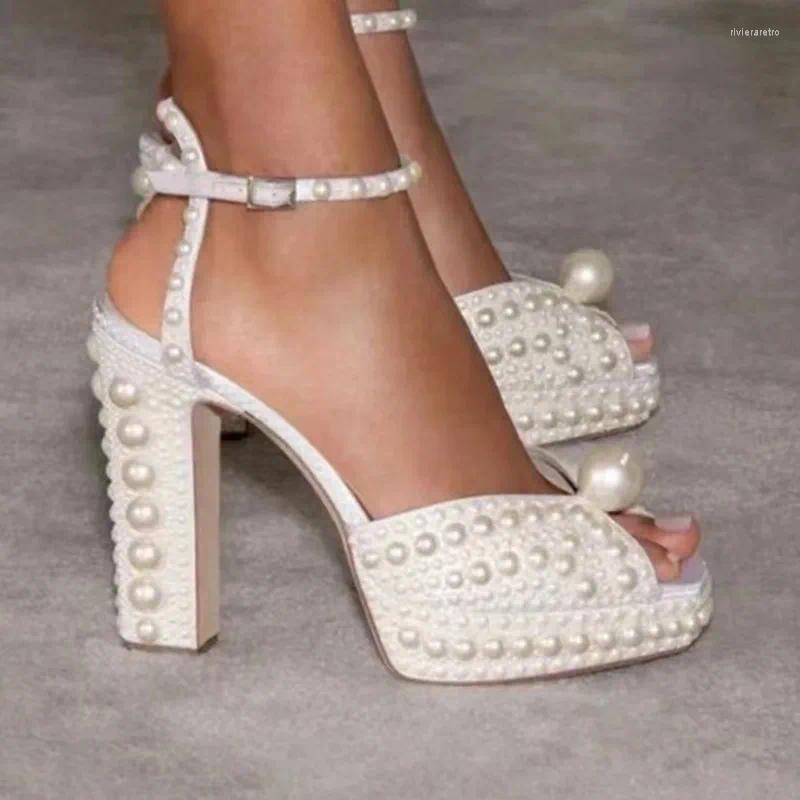 Sandals Handmade Beaded Thick Heel Peep Toe Girls High Platform Women Shoes Wedding Dress Designer Pearl