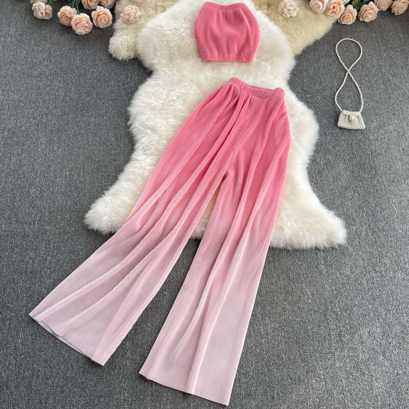 Internet Celebrity Explosive Street Set, Womens Summer New Sexy Strapless Top, Versatile Gradient Color Wide Leg Pants, Fashionable Two-piece Set