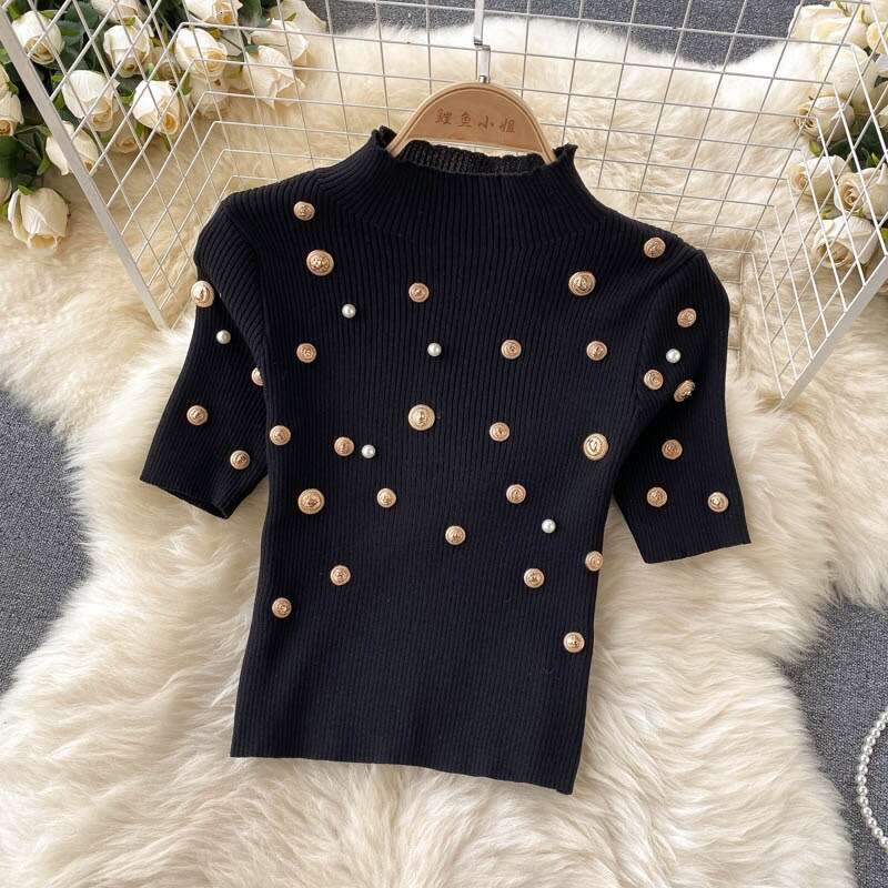 Autumn Knitted Short Sleeved Top, Heavy-duty Beaded Slim Fit, Versatile Mesh Skirt, Temperament Two-piece Set Short Temperament Waist Loose Novelty SK
