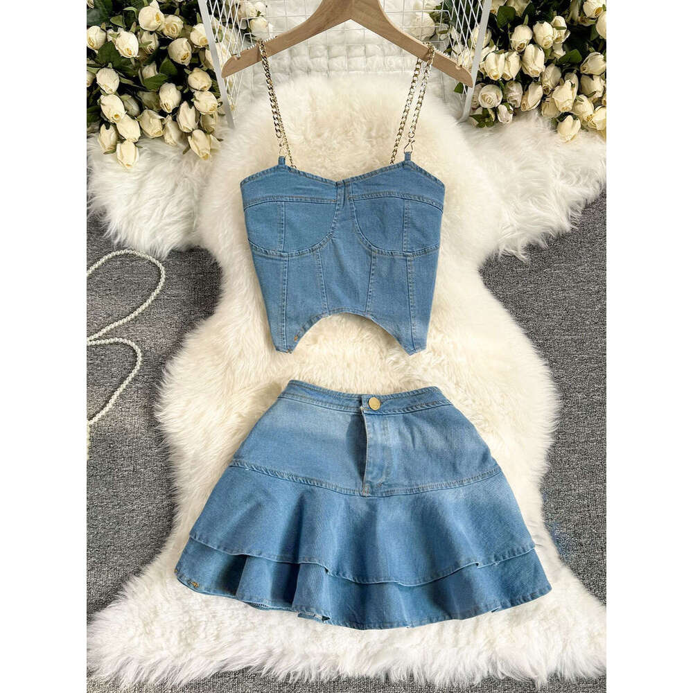 American Spicy Girl Set with Pure Desire Style Chain Hanging Strap Bra Denim Top+high Waist A-line Ruffle Edge Short Skirt Pregnant Womens Dress