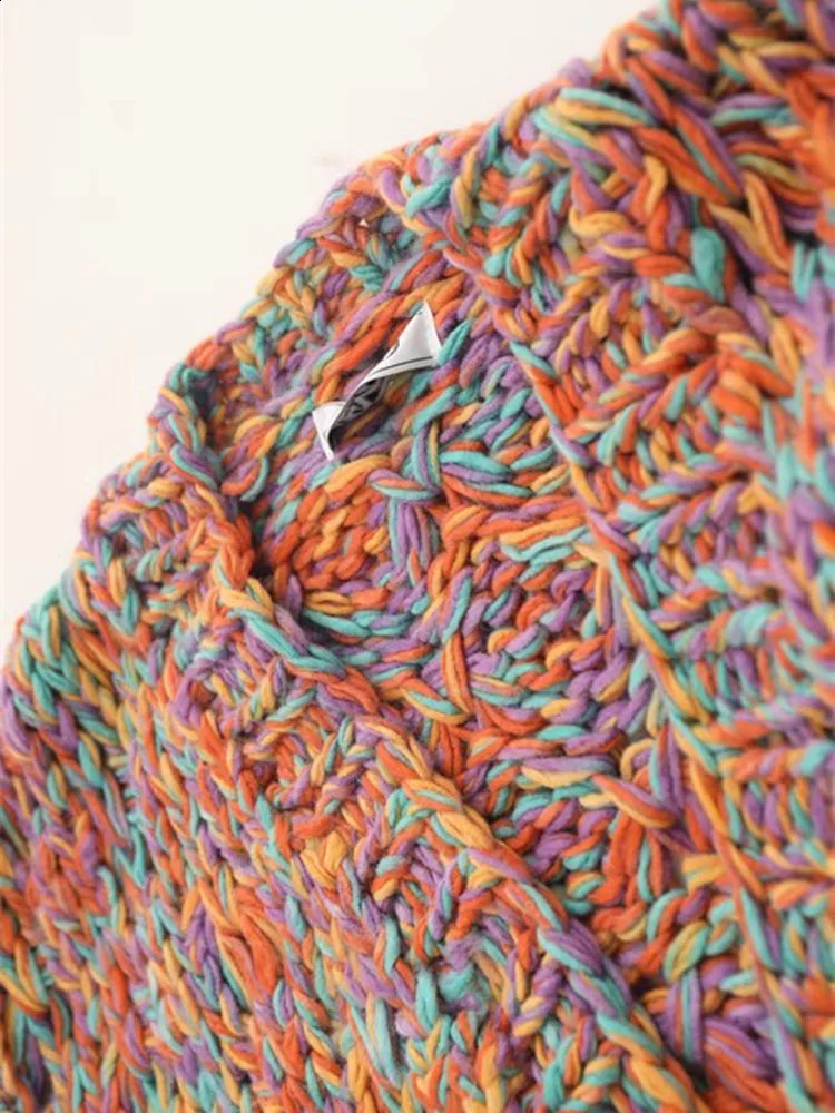 Coarse Wool Knit Cardigan Round Neck Multi-Color Rainbow Sweater For Women Needle Hand Made High Quality C-197 240724