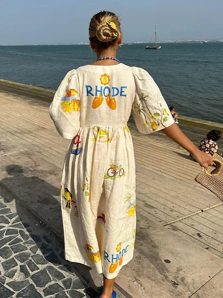 Fashion Print Cotton Linen Maxi Dress Women Casual Short Sleeves V-neck Loose Vestidos 2024 Female Chic High Streetwear 240723