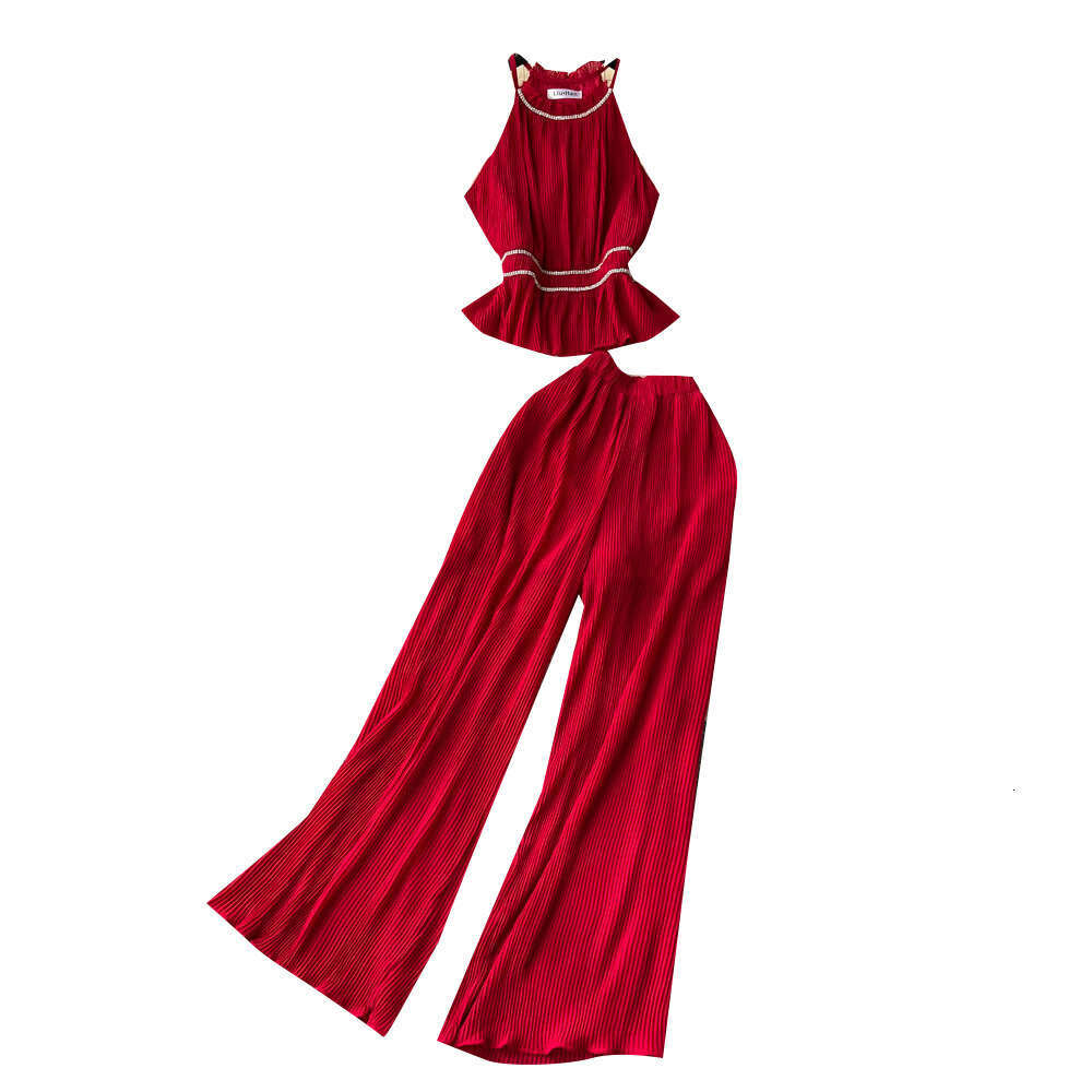 Light Luxury and Socialite Style Fashion Set, Womens Pleated Diamond Hanging Neck Vest+casual High Waisted Wide Leg Long Pants Novelty Pregnant Womens