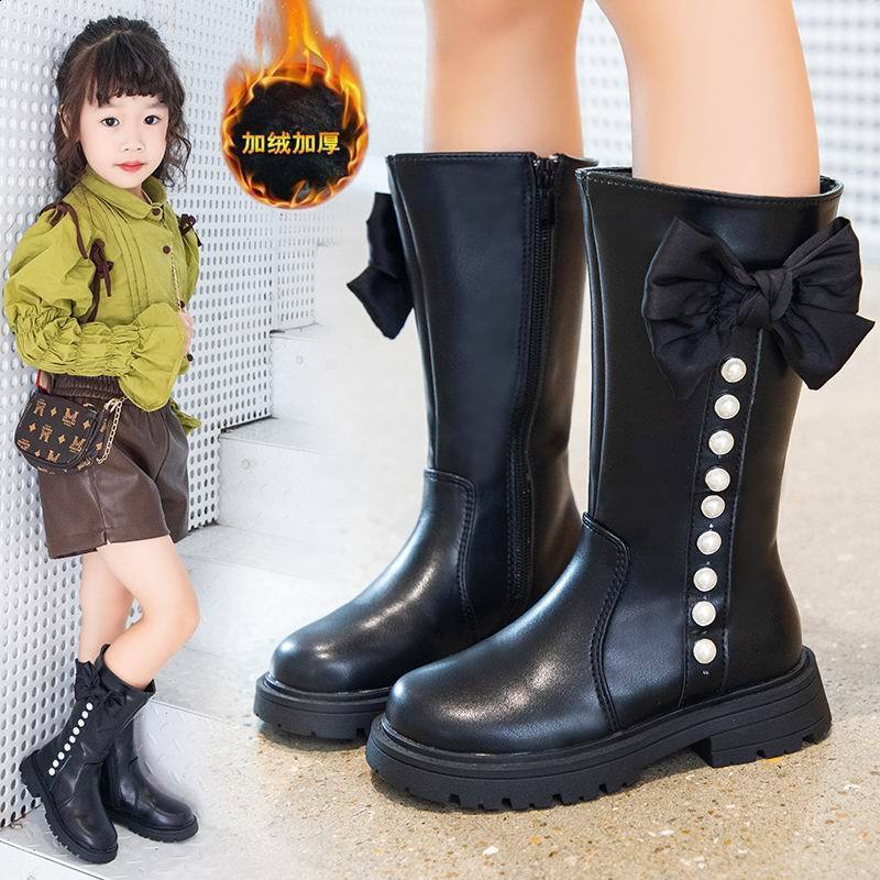 Girls cotton boots childrens fashion princess bow pearl 2023 autumn and winter new item childrens plush warm high tube 221128