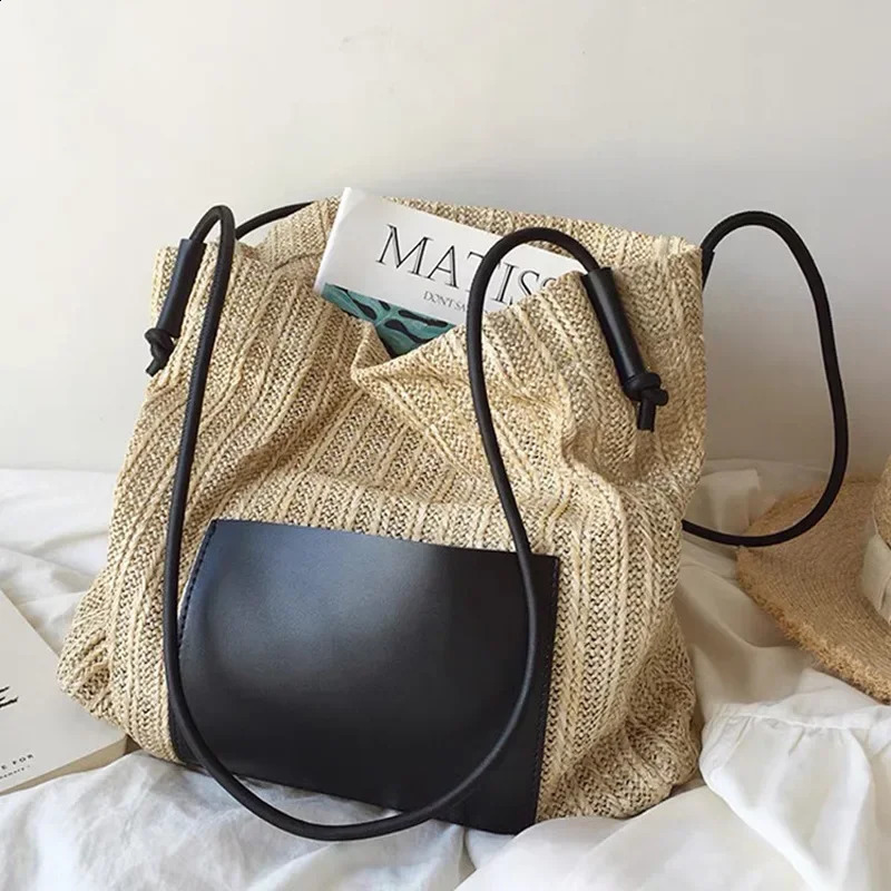 Instagram Vintage Woven Tote Bag Holiday Style Grass Woven Bag Shoulder Bag Large Capacity Shopping Bag Beach Bun Mother Bag 240723