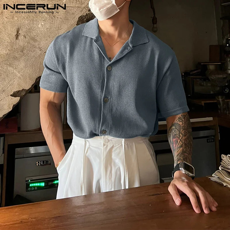 Men Shirt Solid Color Knitted Lapel Short Sleeve Korean Style Summer Men Clothing Streetwear Shirts S-5XL 240724