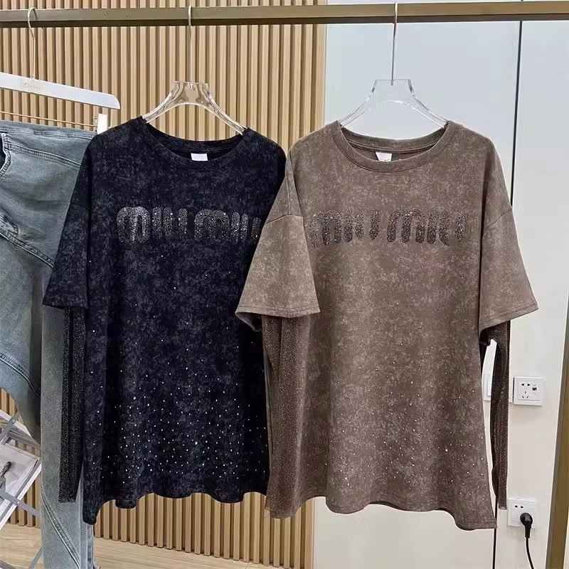 Extra Large 2-300kg Fat mm Heavy Industry Hot Rolled Diamond Letter Full Sky Star Design Sensory Fake Two Lace Long sleeved T-shirts for Women