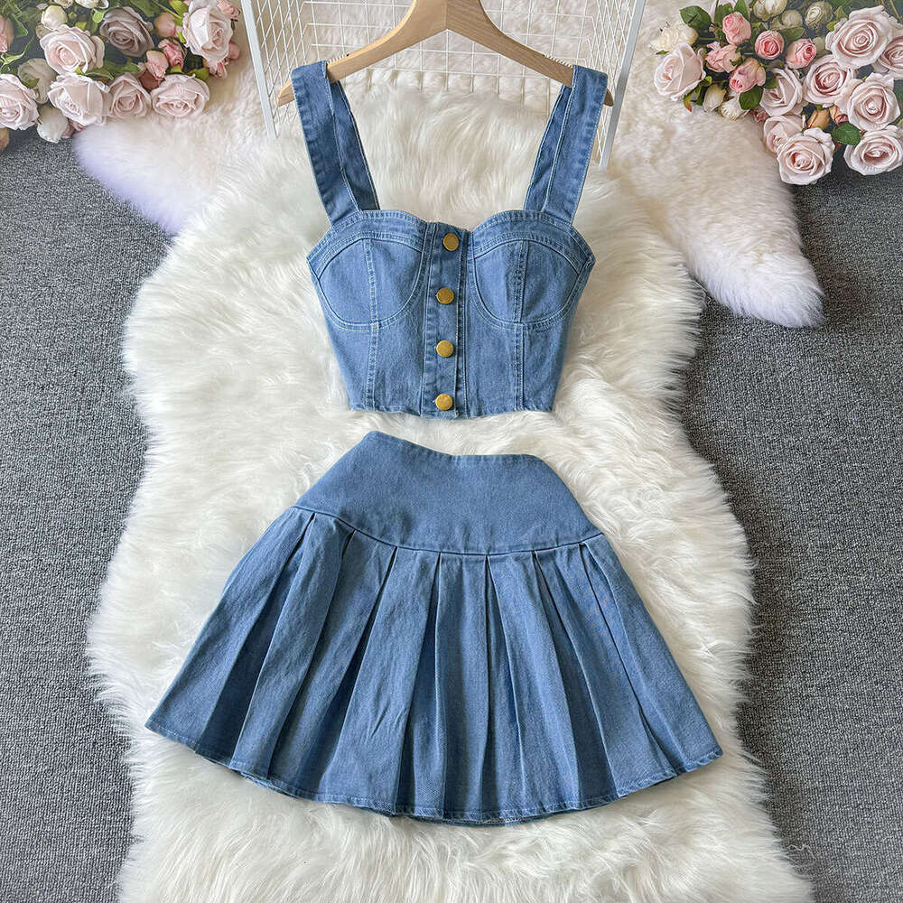 Chic Spicy Girl Style Short Camisole Vest Versatile Mini Skirt Denim Two-piece Set Trendy Bifurcated Novelty Sexy Short Temperament Silk Dress SKINNY 