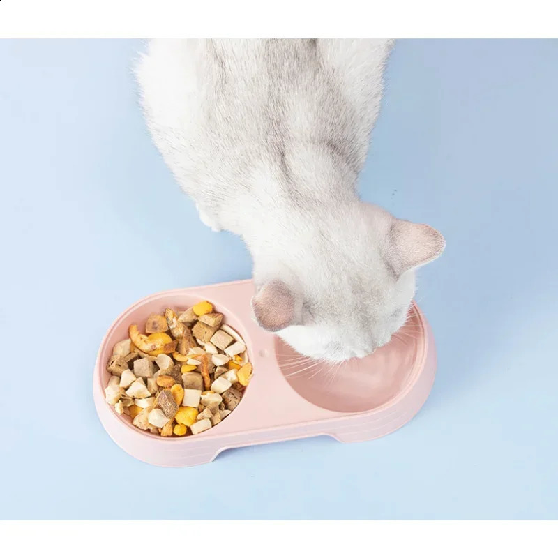 2026 New Macaron Double Plastic Kitten Food Drinking Tray Feeder Cat Feeding Supplies Accessories Pet Products Dog Bowl 240723 Free Shipping