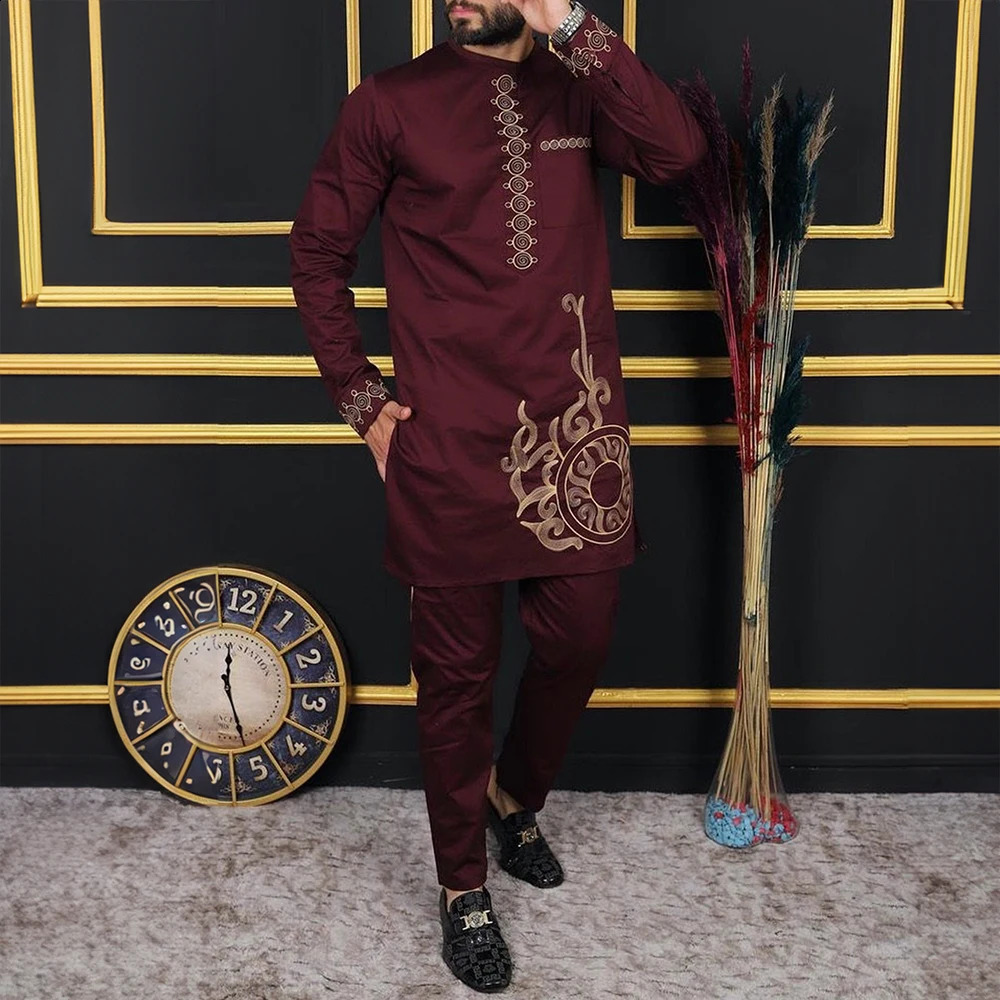 Dashiki African Mens Clothing Solid Color Shirt Pants Mens Suit 2 Sets Of Long Sleeve Clothing Wanquet Wedding Casual Scene 240814
