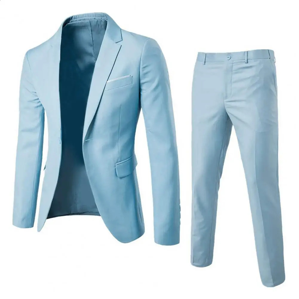 1 Set Stylish Formal Suit Temperament Men Blazer Pants Turndown Collar Pure Color One Button Suit Set Daily Wear 240816