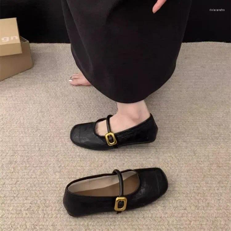 Casual Shoes Women's Mary Janes Designer Buckle Strap Flats Squre Toe Leather Soft Female Black atos Mujer 1828N