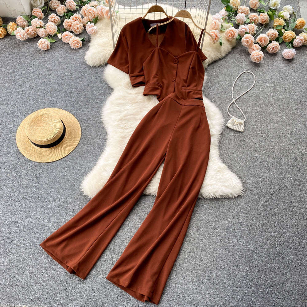 Korean Fashion Womens Summer Camisole Vest Short V-neck Shirt Jacket High Waist Wide Leg Long Pants Three Piece Set Waist Loose High Waist Dress Silk 