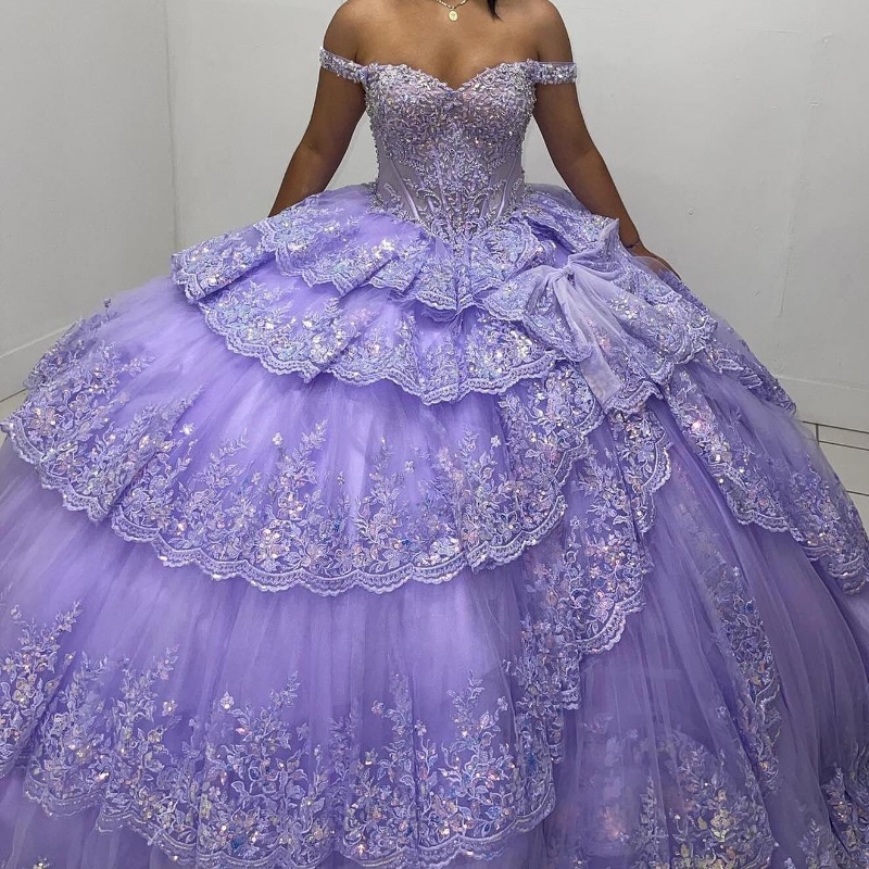 Lavender Off-Shoulder Shiny Ball Gown Quinceanera Dresses 2024 Classic Applique Lace Beads Crystal Sweet 16 Dress Vestidos De 15 Anos