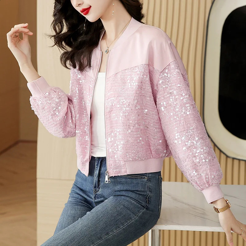 #5369 Black Pink Sequins Coat Women Slim Streetwear Baseball Jacket Batwing Sleeve Zipper Short Womens Jackets And Coats Spring 240812