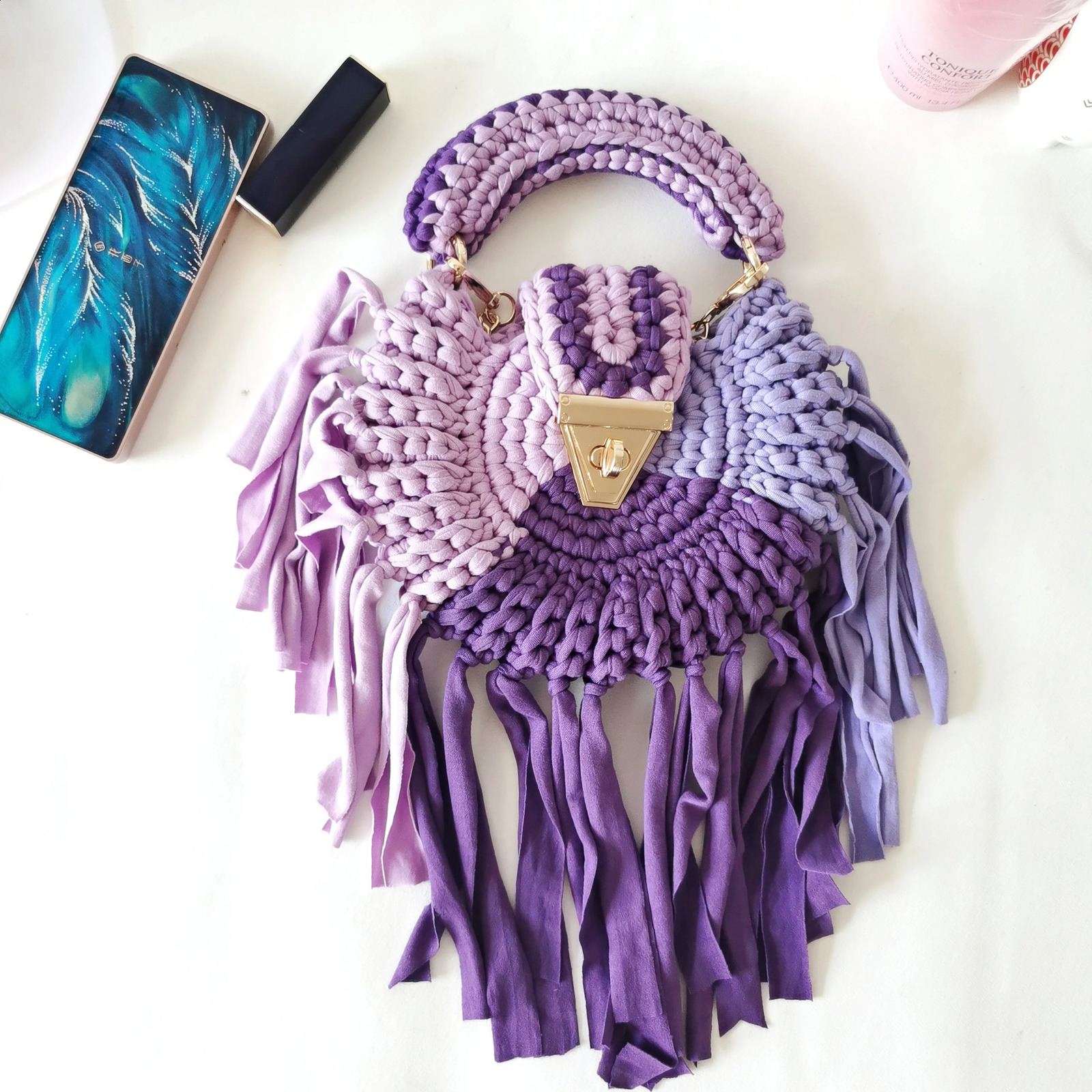 Womens Bag Woven Shoulder Cross Handbags Braided Cotton Fabric Crochet Round Metal Chain Soft Casual Aesthetic Lady Small Bags 240723