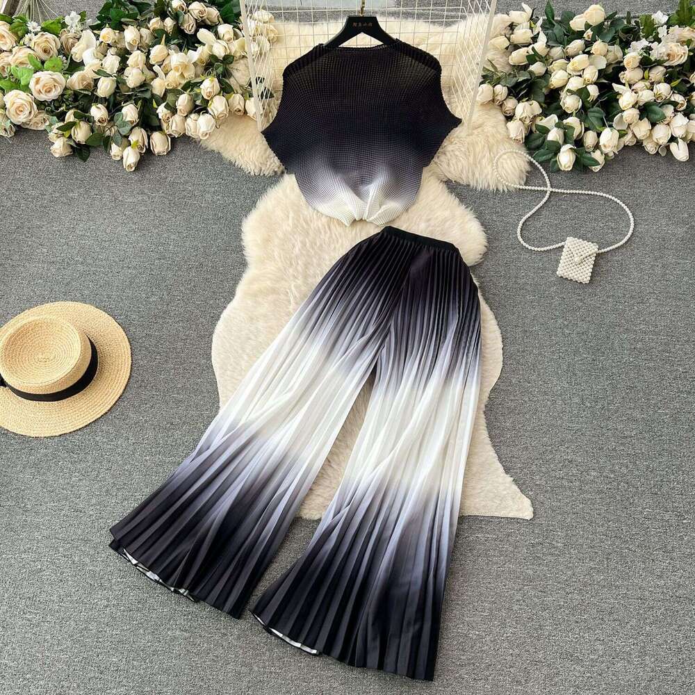 Light Luxury Cut Womens High-end Printed Fashion Set Summer Sleeveless Top+high Waisted Draped Micro Flared Pants Loose Waist SKINNY DRESS Oversize Dr