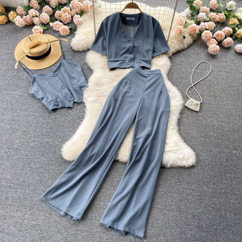 Korean Fashion Womens Summer Camisole Vest Short V-neck Shirt Jacket High Waist Wide Leg Long Pants Three Piece Set Waist Loose High Waist Dress Silk 