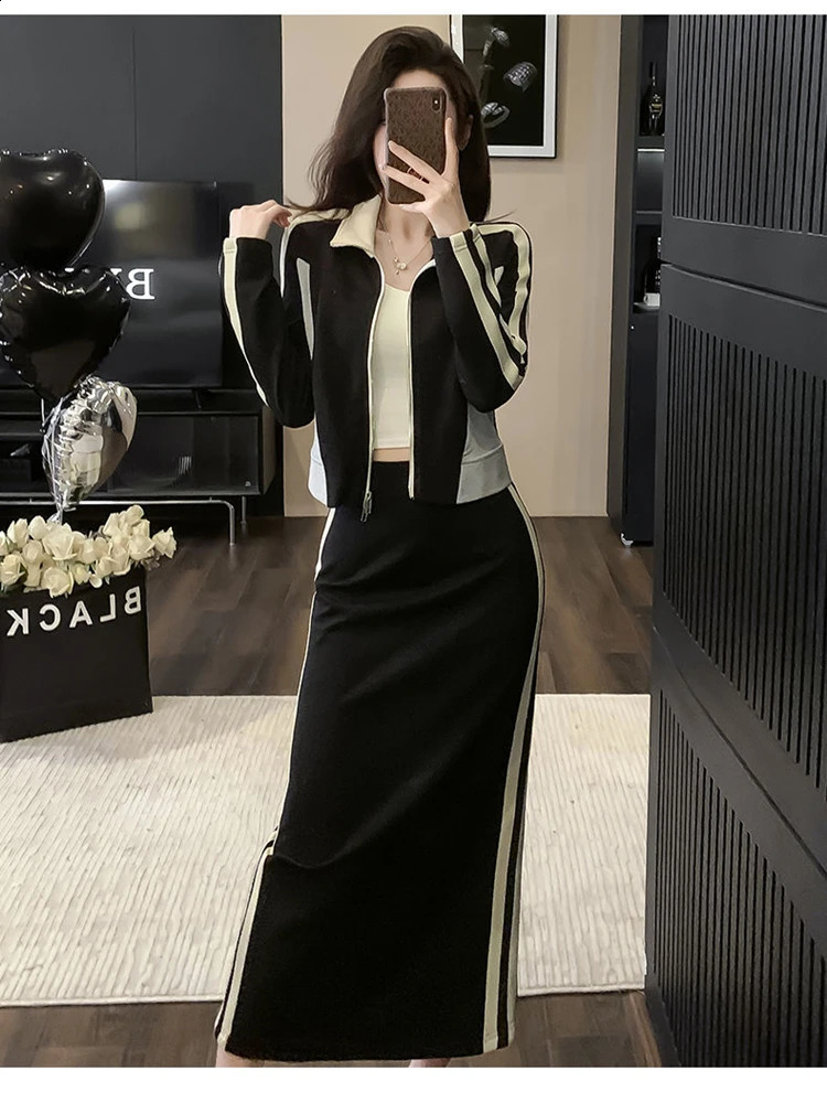 Womens Spring Autumn Sporty Coat Skirts Two Piece Set Casual Zipper Patchwork Jackets Skirt Outfits Run Clothing Sets 240724
