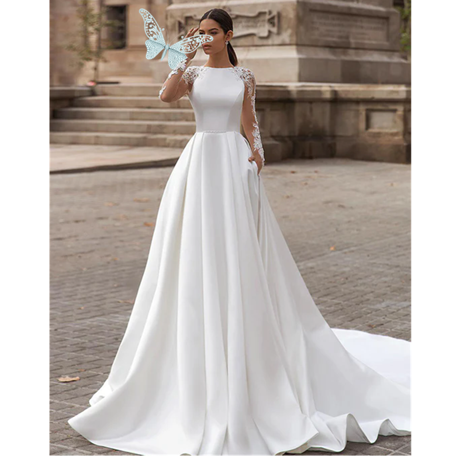 Distinctive A-Line Satin Ruched Appliques Boho Wedding Dress Beach Long Sleeves Bridal Gowns Lace Country Dress Second Reception Gown Vestidos de Novia