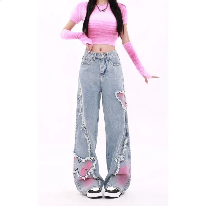 Blue Womens Jeans Butterfly High Waist Straight Baggy Denim Pants American Korean Fashion Y2K Female Wide Leg Denim Trouser 240806