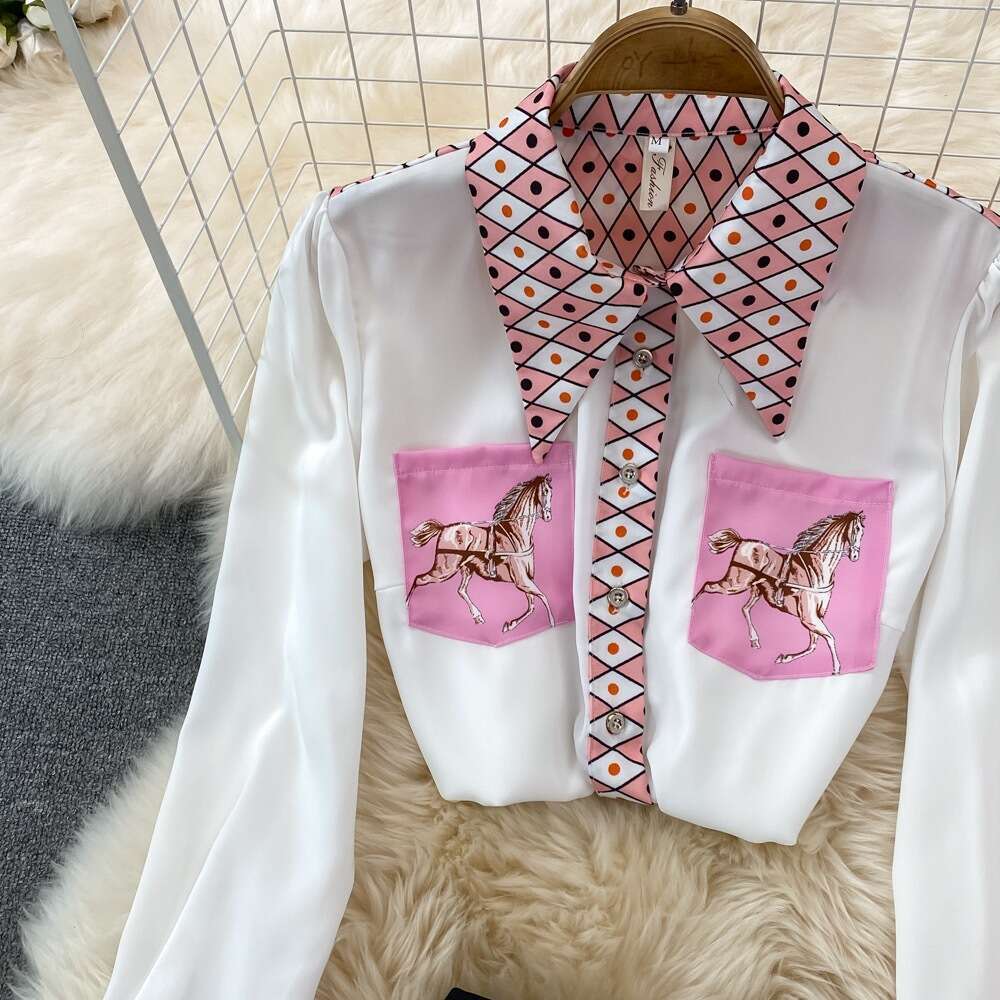 Set the Temperament Positioning of Female Socialites, Print Loose Long Sleeved Shirt Two-piece Set, High Waisted Short Skirt, Spring Self-cultivation 