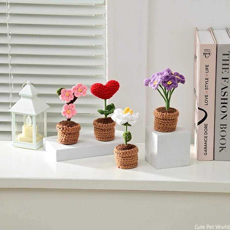Mini crochet flower pot tulip sunflower plum blossom artificial handmade table decoration day gift wedding guest 240724