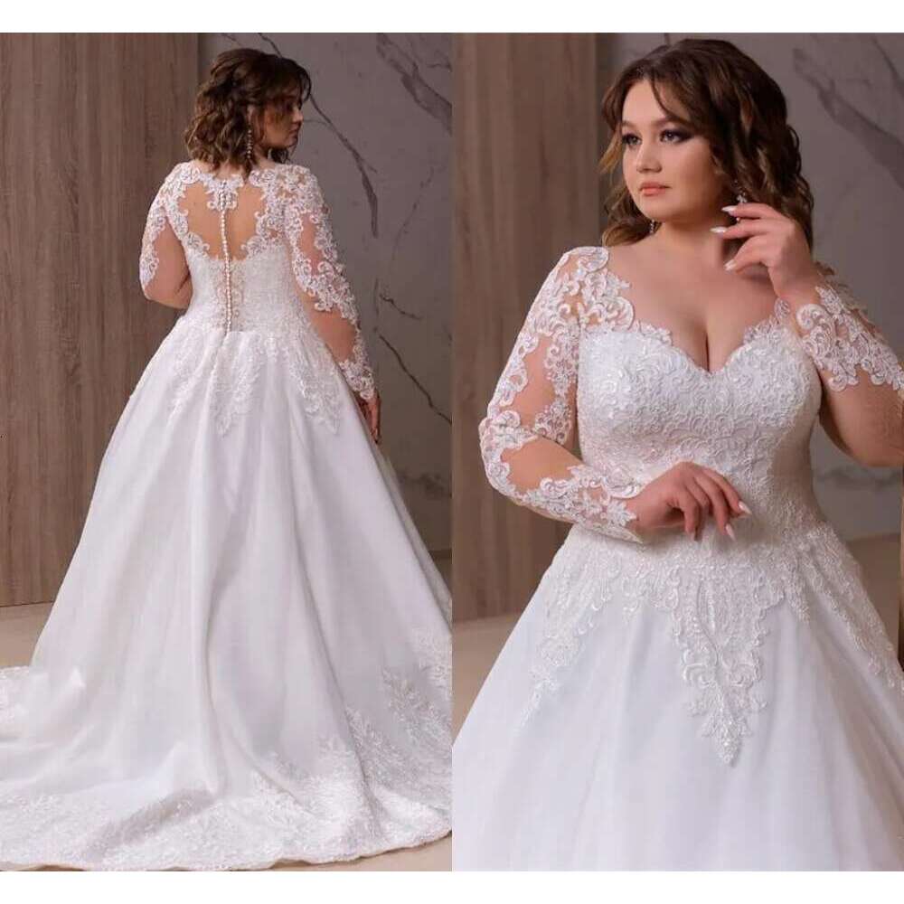 Plus Size V Neck Wedding Dress Long Sleeve Lace A E Bridal Gown With Sweep Train