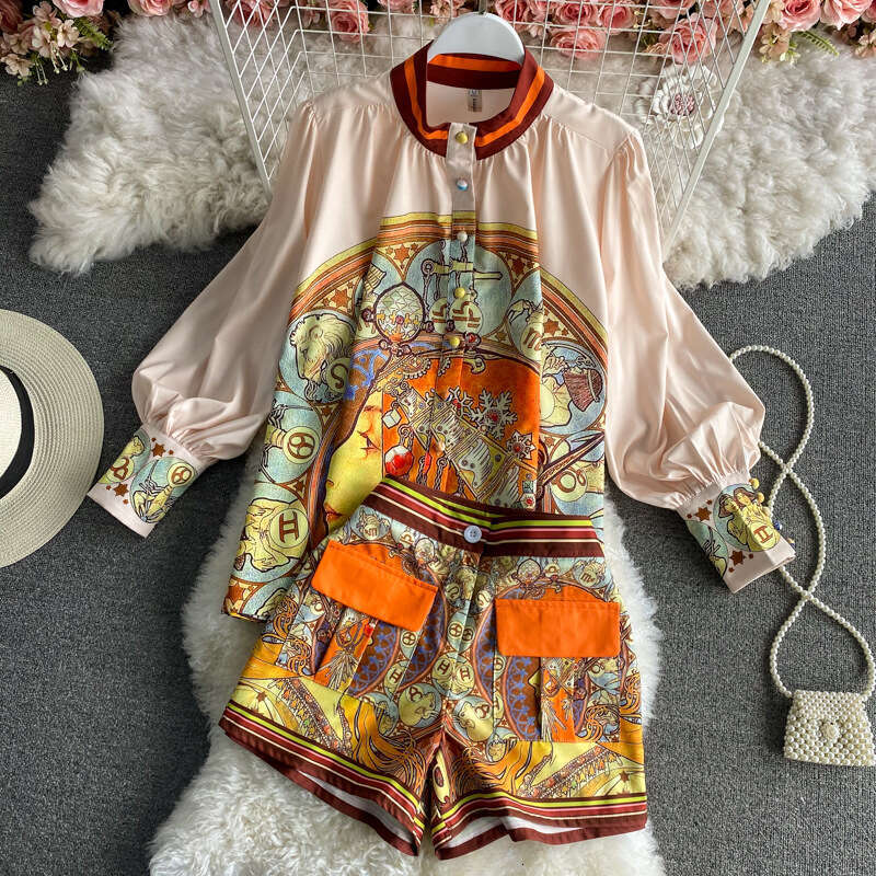 Business Affairs Set New Womens Chic Spring Outfit Floral Short Printed Shirt Skirt Two-piece Set Chiffon Floral Dress Sexy Dress Sexy Bifurcated SKIN